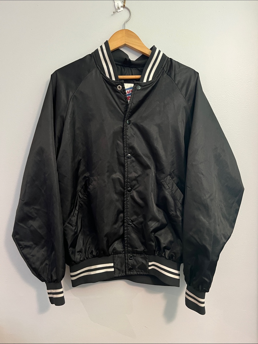Vintage Satin Varsity Bomber Jacket with Contrast Stripe Rib, XL